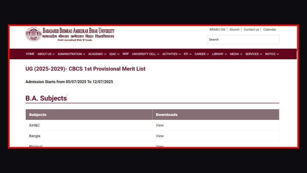 BRABU UG 1st Merit List 2025-29: Check B.A, B.SC & B.COM First Merit List PDF Download